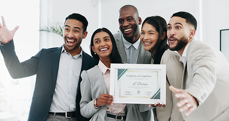 Image showing Business people, woman and certificate in office, presentation or teamwork for performance, goal or success. African CEO, happy employee group and diploma for achievement, thanks or award at workshop