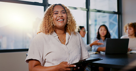 Image showing Face, portrait or happy black woman on tablet for leadership, motivation and success teamwork in business meeting. Startup, group and employee with smile for mindset of innovation and company growth