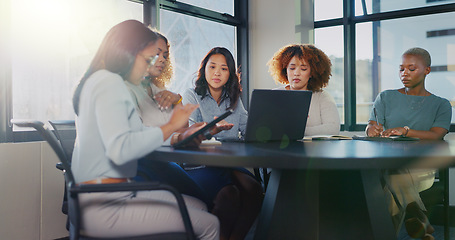 Image showing Laptop, research or startup programmer women team for writing idea, app coding or data analysis in office. Hacker, developer or business meeting on tech for software, programming or analytics review.