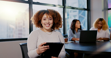 Image showing Face, leadership or happy black woman on tablet with smile, motivation and success teamwork in business meeting. Startup, group and employee portrait for mindset of innovation and company growth