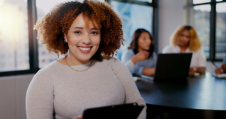 Image showing Face, leadership or happy black woman on tablet with smile, motivation and success teamwork in business meeting. Startup, group and employee portrait for mindset of innovation and company growth