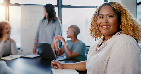 Image showing Happy, meeting and portrait of a woman with notes for planning, strategy and agenda with a team. Smile, success and corporate secretary writing in a notebook during a workplace discussion at work