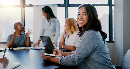 Image showing Business meeting, portrait and woman writing with team for planning, strategy and marketing idea in office. Design, collaboration and face of designer with notes for group project, vision and mission