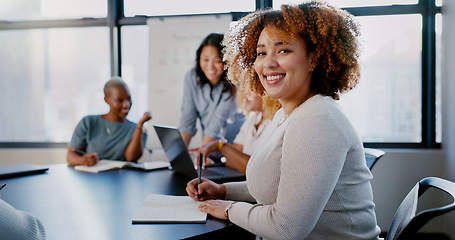 Image showing Planning, meeting and portrait of a woman with notes for a project, strategy and agenda with a team. Smile, success and corporate secretary writing in a notebook during a workplace discussion at work