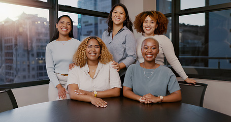 Image showing Business people, face and smile of corporate team, about us or organization relaxing at office together. Group portrait of happy employee women smiling for teamwork success or staff at workplace