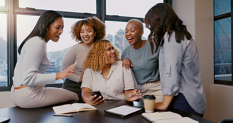 Image showing Teamwork, happy or business women with phone for gossip news, social media or blog content reading In office. Friends, startup or group of employee on smartphone smile for networking or communication