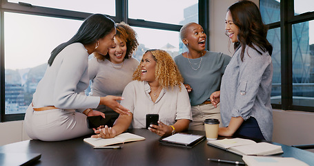 Image showing Teamwork, happy or business women with phone for gossip news, social media or blog content reading In office. Friends, startup or group of employee on smartphone smile for networking or communication