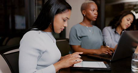 Image showing Business meeting, night or women with tablet for research planning, collaboration or teamwork. Group of startup employee for communication on tech while networking, strategy review or creative idea