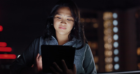 Image showing Tablet, night balcony or woman typing review of social network feedback, customer experience info or ecommerce. Brand monitoring data, website research or Asian media worker analysis of online survey