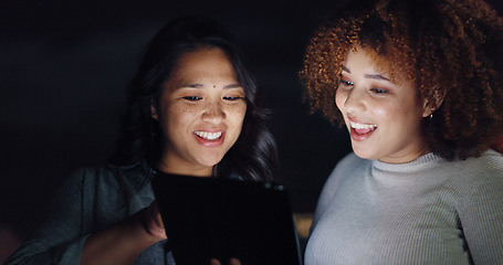 Image showing Tablet, night balcony and diversity women review social network feedback, customer experience or web ecommerce. Brand monitoring data, teamwork and media team collaboration on online survey analysis