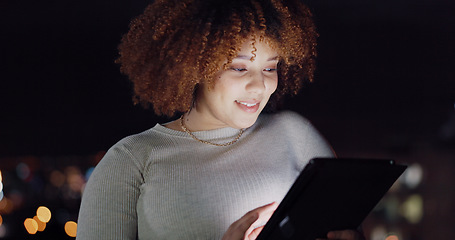 Image showing Tablet, city balcony and laughing woman reading funny social network feedback, customer experience or website. Brand monitoring data, night review or African media worker doing online survey analysis