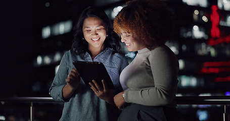 Image showing Tablet, night diversity or balcony people review social network feedback, customer experience or web ecommerce. Brand monitoring data, teamwork and media women collaboration on online survey analysis