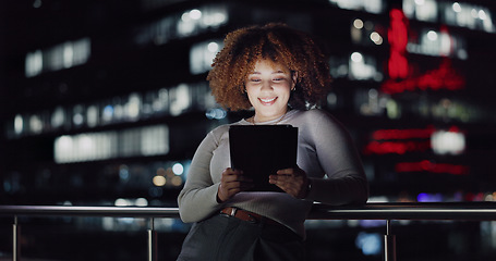 Image showing Tablet, night balcony and relax woman reading positive social network feedback, customer experience or ecommerce. Brand monitoring data, review or African media worker doing analysis of online survey