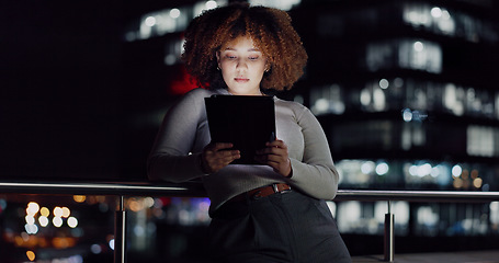 Image showing Tablet, night balcony and relax woman reading positive social network feedback, customer experience or ecommerce. Brand monitoring data, review or African media worker doing analysis of online survey