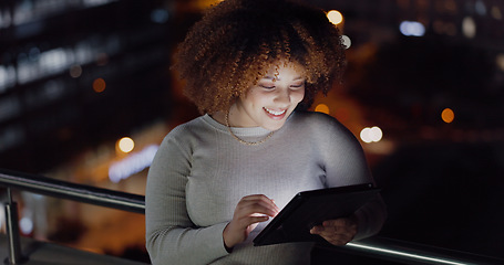 Image showing Tablet, city balcony and laughing woman reading funny social network feedback, customer experience or website. Brand monitoring data, night review or African media worker doing online survey analysis