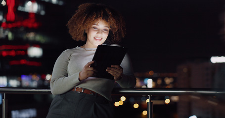 Image showing Business tablet, night balcony and woman reading positive social network feedback, customer experience or ecommerce. Brand monitoring data, website or African media worker typing online survey review