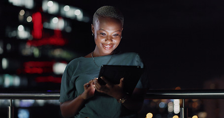 Image showing Tablet, night balcony or laughing woman reading funny social network feedback, customer experience or ecommerce. Brand monitoring data, website info or African media worker doing online survey review