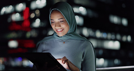 Image showing Tablet, night smile or happy woman on balcony reading social network review, customer experience feedback or ecommerce. Brand monitoring data, Islamic or Muslim media worker analysis of online survey