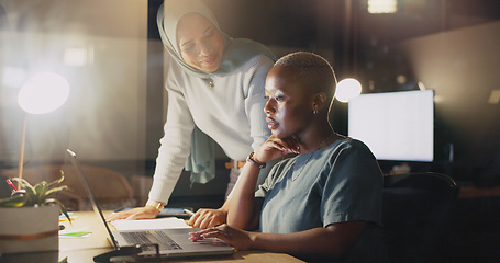 Image showing Office night diversity, laptop and happy woman review social network feedback, customer experience or ecommerce. Brand monitoring data, teamwork and media team collaboration on online survey analysis