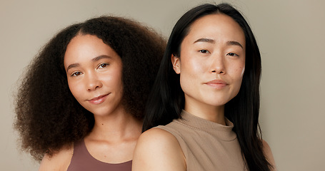 Image showing Diversity face, beauty and studio women with natural cosmetics shine, facial skincare routine and self care wellness. Dermatology, salon makeup and portrait of relax model friends on grey background
