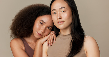 Image showing Diversity face, beauty and studio women with natural cosmetics shine, facial skincare routine and self care wellness. Dermatology, salon makeup and portrait of relax model friends on grey background