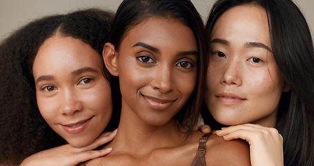 Image showing Women, face and natural beauty, diversity and wellness, dermatology and friends isolated on studio background. Unique skin, cosmetic care and inclusion with skincare, smile and antiaging treatment
