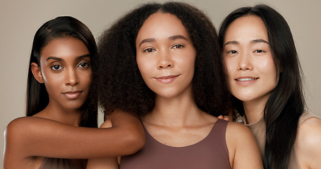 Image showing Diversity, beauty and face of women in studio for empowerment, wellness and skincare. Inclusion, friends and portrait of group of people for dermatology, natural skin and support on brown background