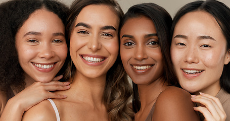 Image showing Natural beauty, skincare and diversity with women, dermatology and face isolated on studio background. Wellness, unique healthy skin and inclusion with cosmetic care, makeup shine and portrait