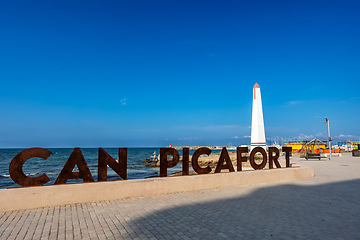 Image showing Signpost on promenade. Can Picafort Beach. Balearic Islands Mallorca Spain.