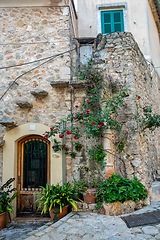 Image showing Narrow streets in historic center of town of Valldemossa, Balearic Islands Mallorca Spain.