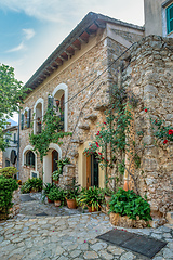 Image showing Narrow streets in historic center of town of Vlldemossa, Balearic Islands Mallorca Spain.