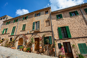 Image showing Narrow streets in historic center of town of Valldemossa, Balearic Islands Mallorca Spain.