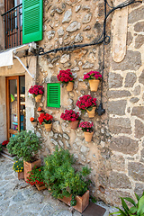 Image showing Narrow streets in historic center of town of Valldemossa, Balearic Islands Mallorca Spain.