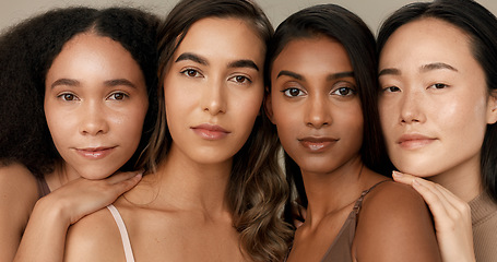 Image showing Women, natural beauty and face with diversity, skincare and wellness for inclusion in studio. Cosmetics, brown background and female group with dermatology, community and friends together for glow