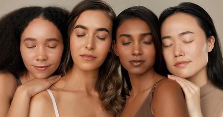 Image showing Women, natural beauty and face with diversity, skincare and wellness for inclusion in studio. Cosmetics, brown background and female group with dermatology, community and friends together for glow