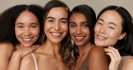 Image showing Natural beauty, skincare and diversity with women, dermatology and face isolated on studio background. Wellness, unique healthy skin and inclusion with cosmetic care, makeup shine and portrait