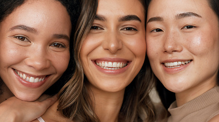 Image showing Skincare group, face or women smile for anti aging cosmetics, beauty glow and spa wellness support. Equality, cosmetology closeup or diversity portrait of unique friends together on studio background