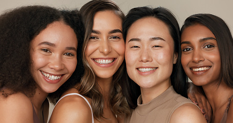 Image showing Skincare group, face or women smile for anti aging cosmetics, beauty glow and spa wellness support. Equality, cosmetology closeup or diversity portrait of unique friends together on studio background