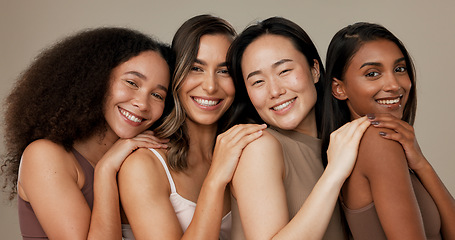 Image showing Diversity face, beauty group and happy women with natural cosmetics, facial skincare glow and studio self care. Woman empowerment, makeup and equality portrait of model friends on grey background