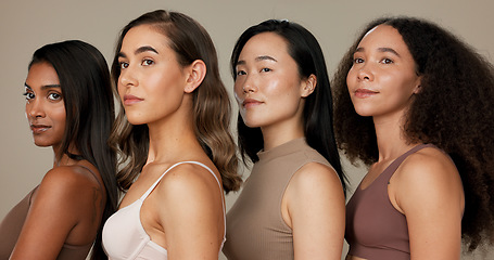 Image showing Women, friends and skin care, beauty or cosmetics vision, idea or thinking of diversity on brown studio background. Group of people together for skincare health, dermatology inclusion and foundation