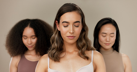 Image showing Diversity, beauty and women, portrait and skincare with wellness, dermatology and glow on studio background. Different skin, unique and inclusion with model group in a studio, cosmetics and face