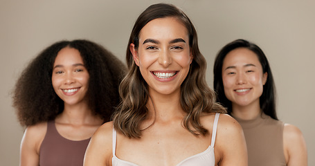 Image showing Beauty, diversity group and woman smile for facial cosmetics, self care wellness or dermatology makeup. Women empowerment, unique and happy portrait of model friends together on studio background