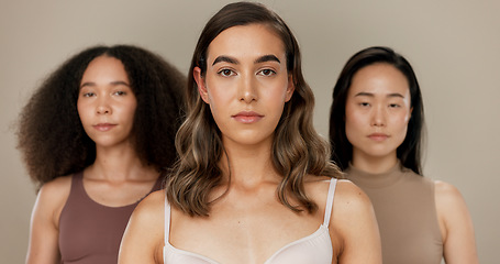 Image showing Diversity, beauty and women, portrait and skincare with wellness, dermatology and glow on studio background. Different skin, unique and inclusion with model group in a studio, cosmetics and face