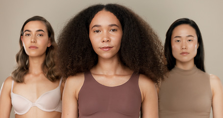 Image showing Diversity, beauty and women, face and dermatology with wellness, skincare and glow on studio background. Different skin, unique and inclusion with model group in a studio, cosmetics and portrait