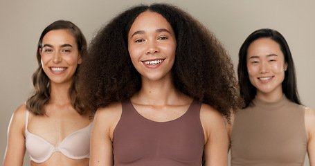 Image showing Diversity, beauty and women, portrait and dermatology with wellness, skincare and glow on studio background. Different skin, unique and inclusion with model group in a studio, cosmetics and face