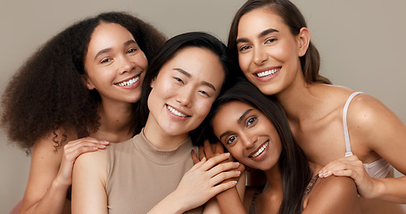 Image showing Women, portrait and beauty, diversity and happy with wellness, dermatology and friends isolated on studio background. Unique skin, natural cosmetics and inclusion with skincare, smile and antiaging