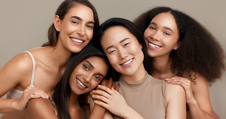 Image showing Women, portrait and beauty, diversity and happy with wellness, dermatology and friends isolated on studio background. Unique skin, natural cosmetics and inclusion with skincare, smile and antiaging