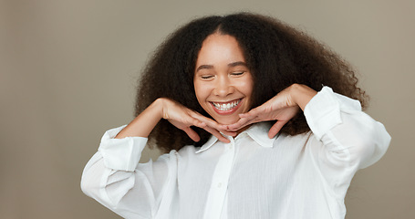 Image showing Woman, dance and beauty with diversity, happy skincare and love, support or celebration on studio background. Face of people or model hug, laugh and together for dermatology inclusion