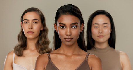 Image showing Natural beauty, face and diversity with women, dermatology and skincare isolated on studio background. Wellness, unique healthy skin and inclusion with cosmetic care, makeup shine and portrait