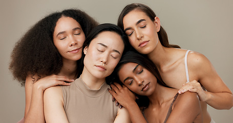 Image showing Diversity, beauty and women, portrait and cosmetics with wellness, dermatology and glow on studio background. Different skin, unique and inclusion with model group in a studio, skincare and face